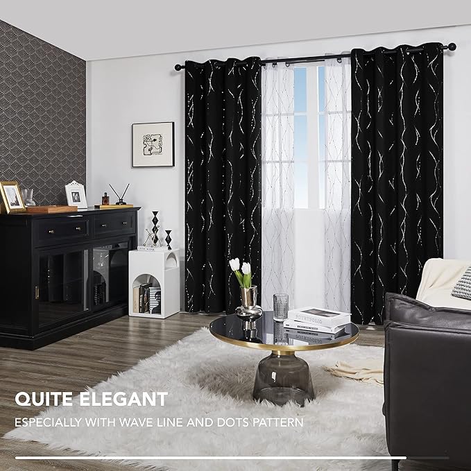Deconovo Black Blackout Curtains, Thermal Insulated Noise‑Reduced Grommet Drapes, Wave Line Dot Foil Print, 52 x 95 Inch Long, 2 Panels, Machine‑Washable Window Curtains for Bedroom Living Room Office