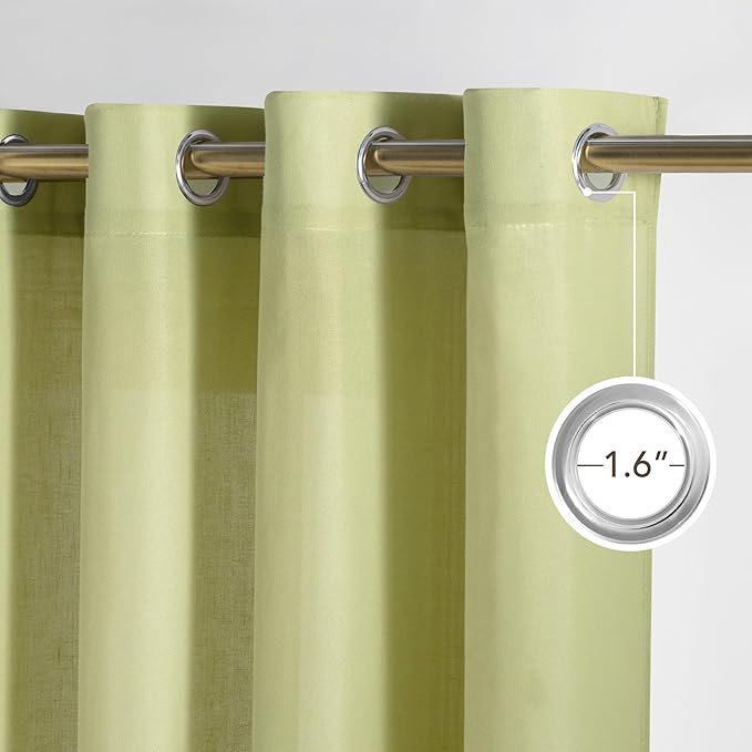 NICETOWN Fresh Green Linen Farmhouse Curtains 96 inches Long, Grommet Thick Flax Semi Sheer Window Treatments Privacy Assured with Light Filtering for Bedroom, W55 x L96, 2 Panels