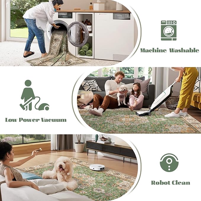 Area Rug 6x9 Washable Rug, Vintage Boho Medallion Rugs Non-Slip Soft Low Pile Large Distressed Rug Indoor Retro Carpet for Living Room Bedroom Dining Room Home Office (Vintage Green, 6'x9')