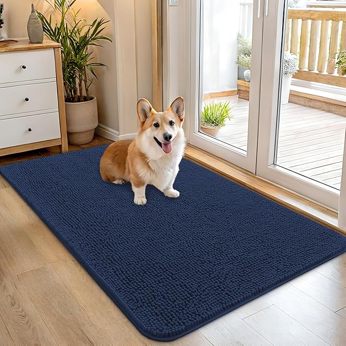 OLANLY Dog Door Mat for Muddy Paws 45x27, Absorbs Moisture and Dirt, Absorbent Non-Slip Washable Doormat, Quick Dry Chenille Mud Mat for Dogs, Entry Indoor Entryway Carpet for Inside Floor, Dark Blue