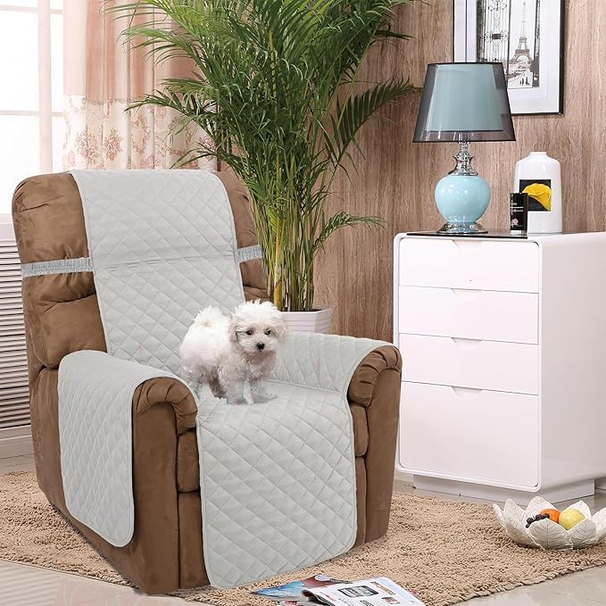 U-NICE HOME Recliner Chair Covers Reversible Quilted Water Repellent Pet Protectors with Elastic Straps (23''Recliner Small, Light Grey/Light Grey)