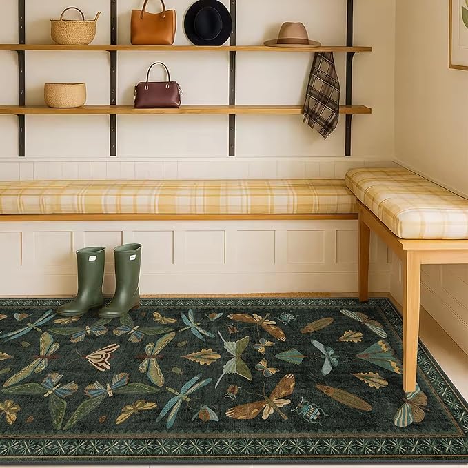 Washable Insect 2x8 Long Runner Rug for Hallway - Stain Resistant Kitchen Rug Non Slip, Indoor Floor Mats for Entryway with Nature Butterfly Design, Low Pile & Soft (Dark Green)