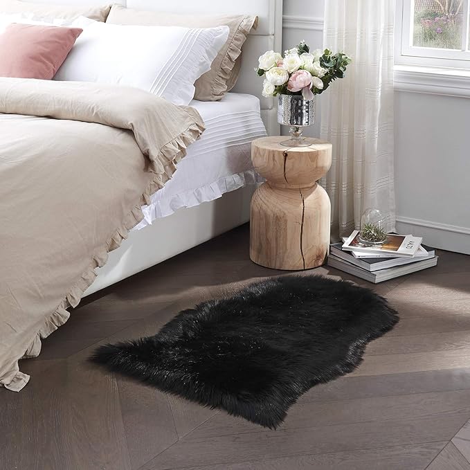 Faux Fur Rug Sofa Chairs Cover, Black Small Rug for Bedroom, 2X3 Shaggy Furry Rugs for Kids Room, Shag Fluffy Rugs for Nursery Room, Soft Fuzzy Plush Carpet, Cute Floor Dorm Decor