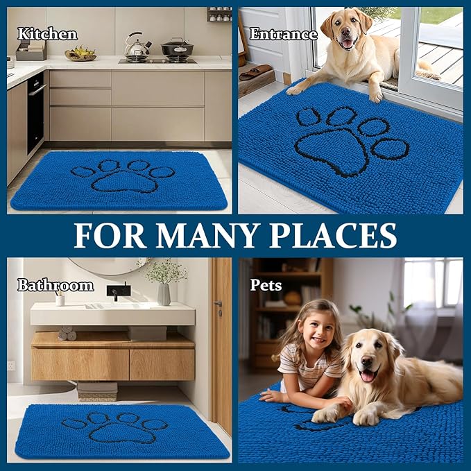 OLANLY Dog Door Mat for Muddy Paws 36x24, Paw Print Design, Absorbs Moisture and Dirt, Non-Slip Washable Doormat, Quick Dry Chenille Mud Mat for Dogs, Entry Indoor Entryway Carpet, Deep Navy Blue