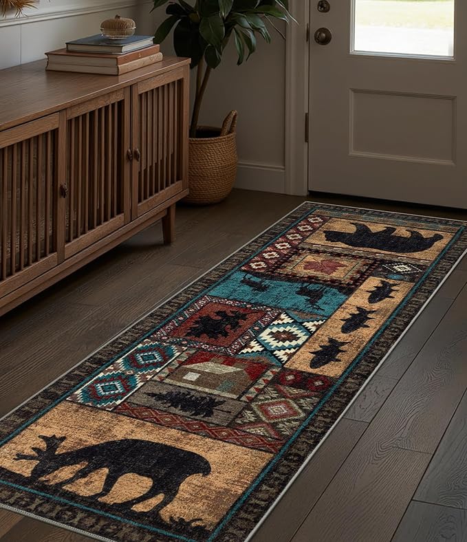 Hallway Runner Rug 2x6 Indoor Door Mat - Bear Rustic Cabin Non-Slip Entryway Rug, Low Pile Tribal Print for Kitchen, Bedroom