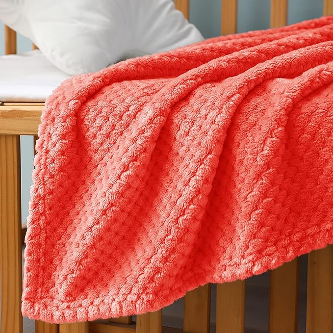 Exclusivo Mezcla Fleece Throw Blanket, Super Soft and Warm Blankets for Couch, Sofa and Bed Waffle Textured, Cozy, Fuzzy and Lightweight (Coral Orange, 40x50 Inches)