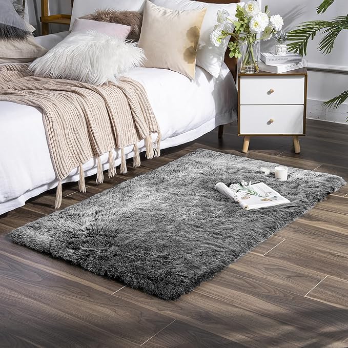 Ashler HOME DECO Soft Fox Faux Fur Chair Couch Cover Area Rug for Bedroom Floor Sofa Living Room Black White Rectangle 3 x 5 Feet