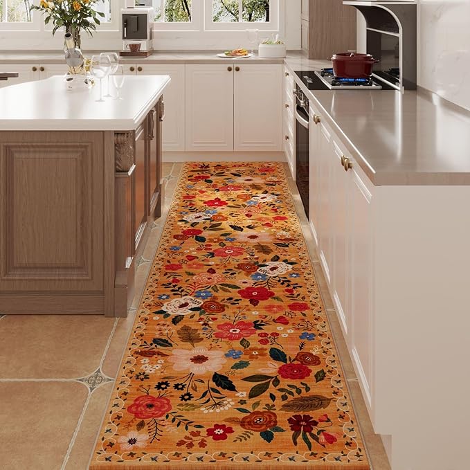 Rugcomf Runners for Hallways Kitchen Runner Rug Non Slip 2'x10' Long Washable Rugs with Rubber Backing Soft Floral Carpet Runner for Hallways, Kitchen, Laundry, Bedroom, Bathroom(Yellow)