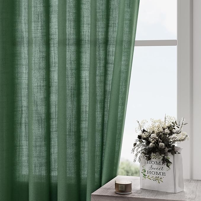 Nanspring Green Boho Curtains for Bedroom Back Tab Rod Pocket Semi Sheer Linen Curtains 90 Inches Long 2 Panel Set Light Filtering Neutral Farmhouse Lightweight Drapes for Living Room 52x90