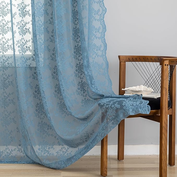 YJ YANJUN Vintage Lace Curtains 63 Inch Length-Victorian Floral Pattern Stone Blue Sheer Curtains for Boys Bedroom Privacy Summer Beach Themed Ocean Coastal Room Decor 2 Panles W52 X L63 Dusty Blue