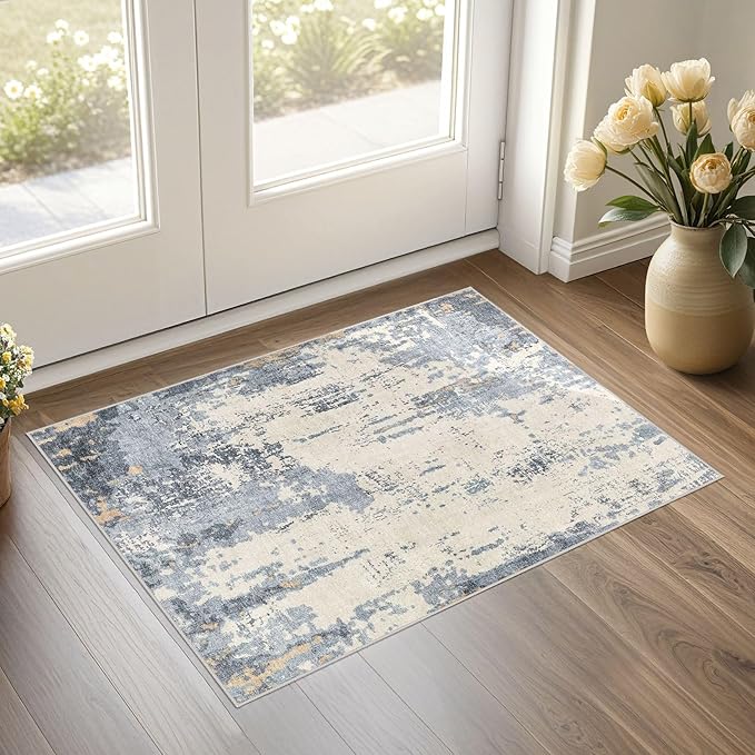 UERMEI 2x3 Entryway Area Rug: Washable Neutral Modern Abstract Small Rug - Non-Slip Low Pile Throw Indoor Carpet for Entrance Kitchen Front Door Mat Bathroom Entry Kids Room - Blue/Light Brown