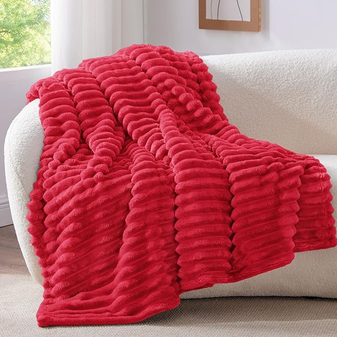 BEDELITE Twin Blanket for Couch & Bed, 300GSM Soft & Warm Fleece Blanket, Decorative and Giftable Striped Red Blankets for Women, Men, 60"x80"