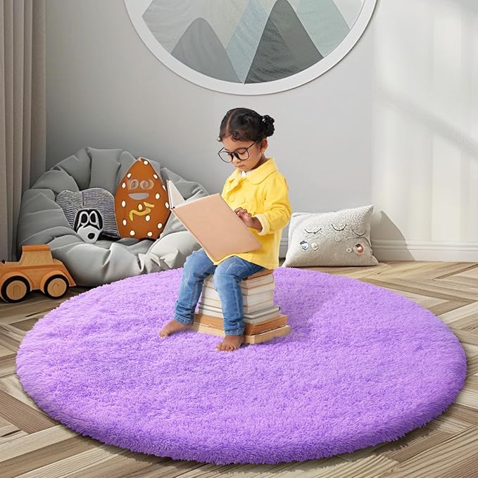 Super Soft Circle Rugs for Girls Princess Castle Toddlers Play Tent 5 Diameter Circular Area Rugs for Kids Bedroom Baby Room Decor Round Shag Playhouse Carpets(Φ5, Purple)