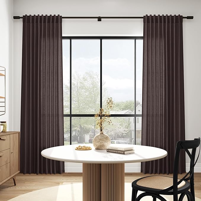 Cocoa Coffee Curtains 63 Inches Long 2 Panel Sets for Living Room Bedroom, Light Filtering Linen Drapes for Kitchen Windows Rod Pocket or Back Tab Curtain,Semi Sheer 52x63