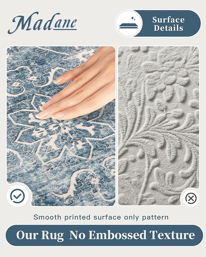 Madane 5x7 Area Rugs for Living Room, Washable Vintage Rug with Non-Slip Backing, Soft Floral Print Throw Rugs Floor Low Pile Carpet for Bedroom Dining Room Farmhouse (5 x 7, Cadet Blue)