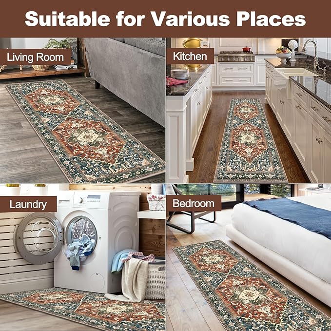 Yamaziot Washable Runner Rug, 2x6 Non-Slip Boho Vintage Hallway Rug Runner with Rubber Backing, Stain Resistant & Low Pile Faux Wool Distressed Carpet Runner for Kitchen, Laundry, Entrance