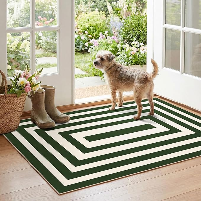 Modern Outdoor Rug - 28" x 43" Front Door Mat Indoor Outside Entrance Non-Slip Washable Outdoor Mat Green White Border Striped Rug for Entryway Kitchen Bedroom Layered Doormat for Front Porch