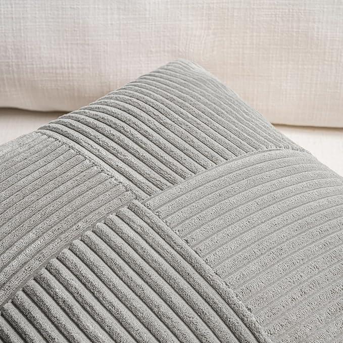 Fancy Homi 2 Packs Neutral Grey Lumbar Decorative Throw Pillow Covers 16x26 Inch for Living Room Couch Sofa, Farmhouse Boho Home Decor, Soft Striped Corduroy Rectangle Accent Terracotta Cushion Case