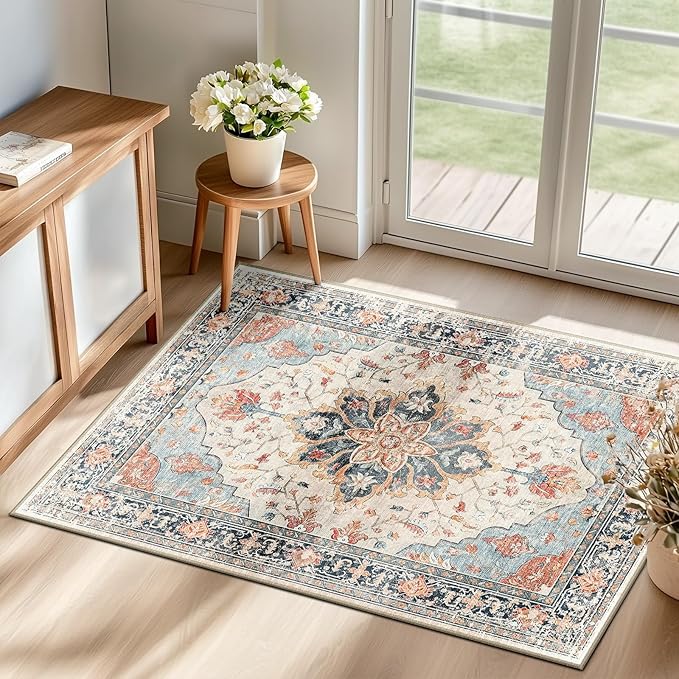 Area Rugs 2'6''x4' Kitchen Rugs Entry Rug Small Rugs for Entryway Kitchen Bathroom Door Mat Indoor Entrance,Washable Non Slip, Beige Navy Blue Orange Colorful
