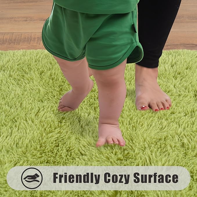 Soft Runner Rugs for Bedroom Hallways, 2x6 Grass Green Fluffy Shag Throw Area Rug Non Slip for Bedside Dorm, Long Shaggy Furry Carpet for Nursery Living Room