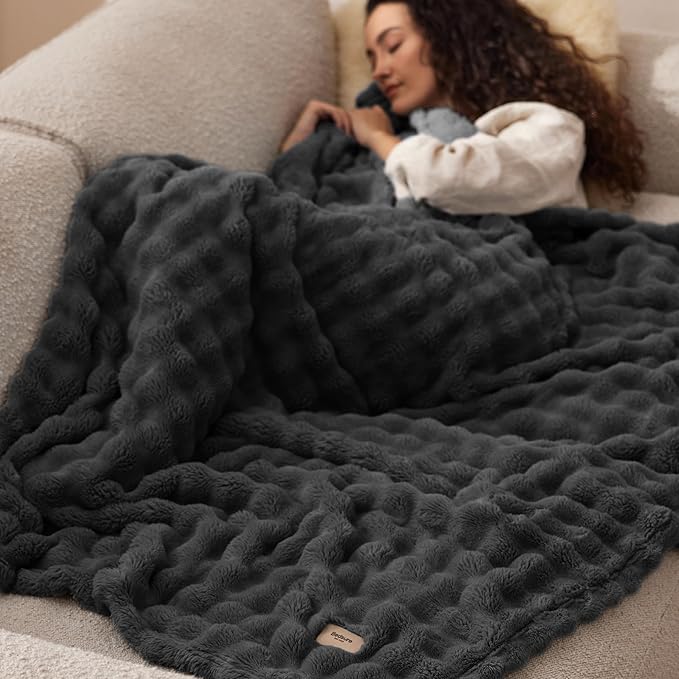 Bedsure 3D Fleece Bubble Blanket for Couch - GentleSoft Grey Throw Blanket for Sofa Bed Room Decor - Luxury Soft Cozy Gifts for Kids, Lightweight, All Seasons, Dark Grey, 50"×60"