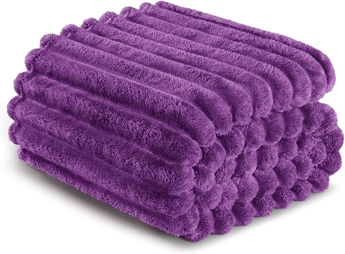 Exclusivo Mezcla Twin Size Flannel Fleece Blanket, Super Soft Striped Jacquard Bed Blanket, Lightweight Fuzzy Cozy for All Seasons, 60x80 Inches, Purple