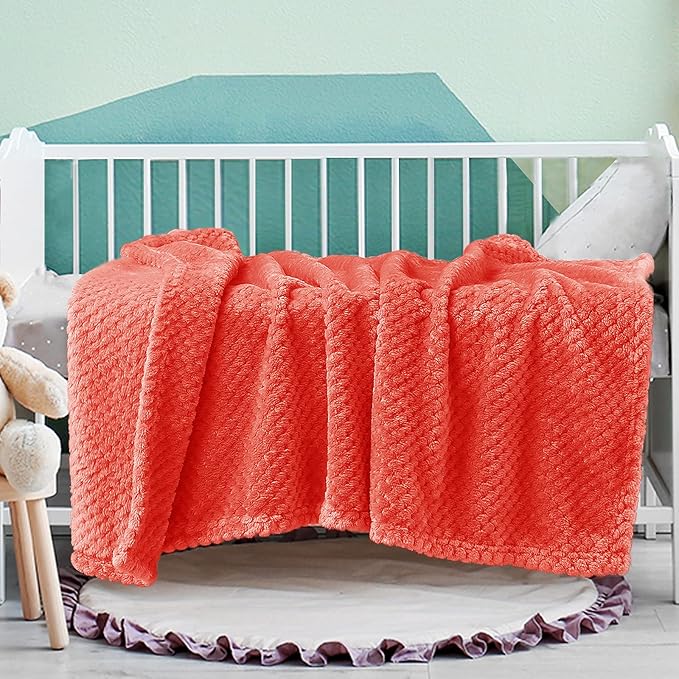 Exclusivo Mezcla Fleece Throw Blanket, Super Soft and Warm Blankets for Couch, Sofa and Bed Waffle Textured, Cozy, Fuzzy and Lightweight (Coral Orange, 40x50 Inches)