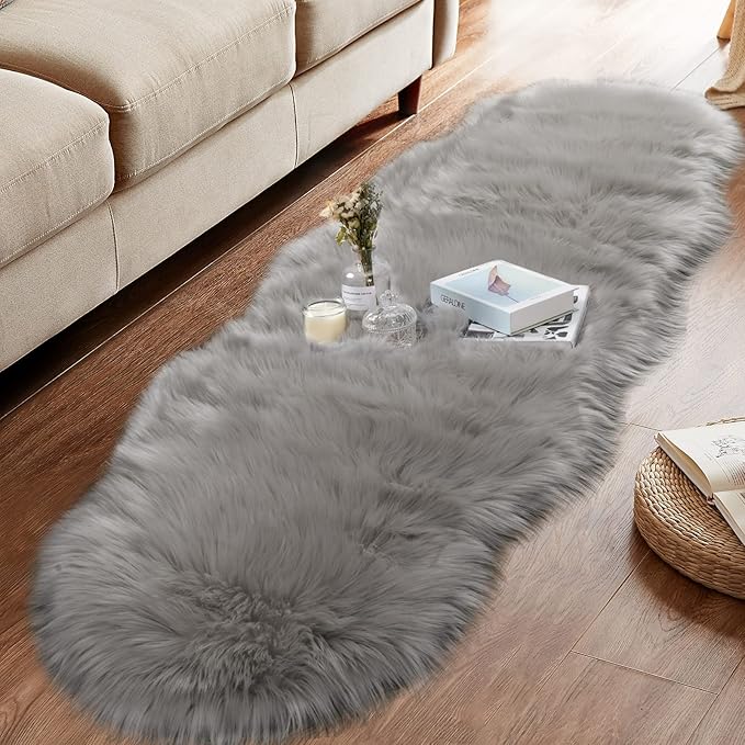 Ciicool Ultra Soft Faux Sheepskin Fur Rug Fluffy Rug for Bedroom Fuzzy Carpet for Living Room Kid's Room Nursery Decor, Grey 2 x 6 Feet