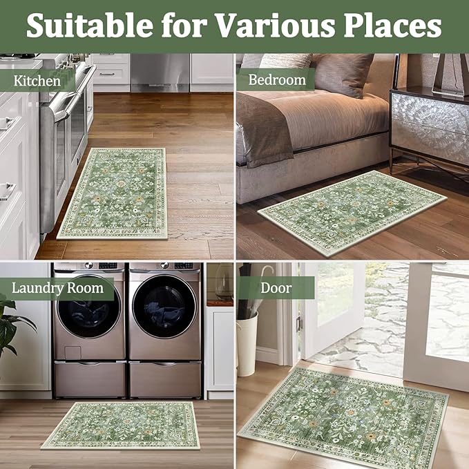 Yamaziot Washable Runner Rug 2x3 – Floral Non Slip Small Entryway Rug with Rubber Backing, Low Pile Faux Wool Distressed Carpet for Indoor Door Mat, Kitchen, Laundry Entrance, Green