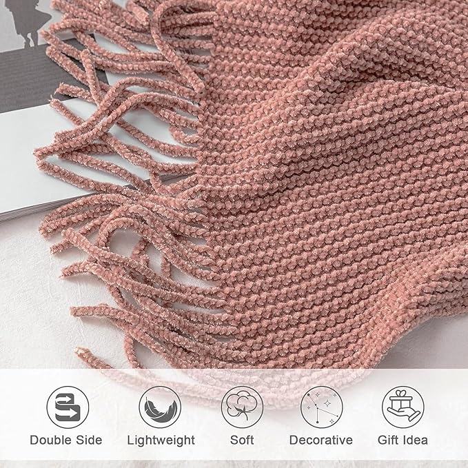 lifein Throw Blanket for Couch, Soft Boho Decor Bed Throw,Cozy Chenille Knitted Small Farmhouse Lightweight Throw (Pink,60 * 80")