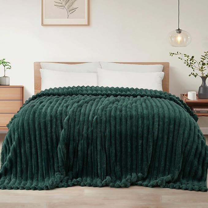 Exclusivo Mezcla Twin Size Flannel Fleece Blanket, Super Soft Striped Jacquard Bed Blanket, Lightweight Fuzzy Cozy for All Seasons, 60x80 Inches, Forest Green