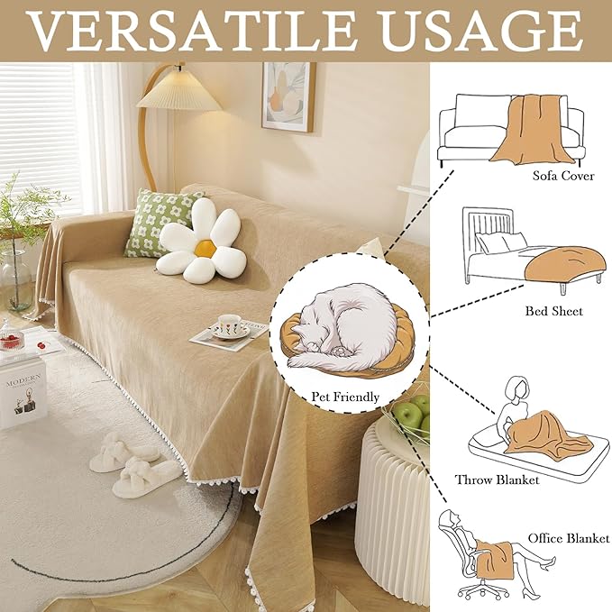 HANDONTIME Khaki Loveseat Covers Couch Cover for Dogs Cats Solid Sofa Covers for 3 Cushion Couch Machine Washable Couch Covers for Sectional Sofa L Shape Chenille Sofa Slipcover Soft, 71" X150"