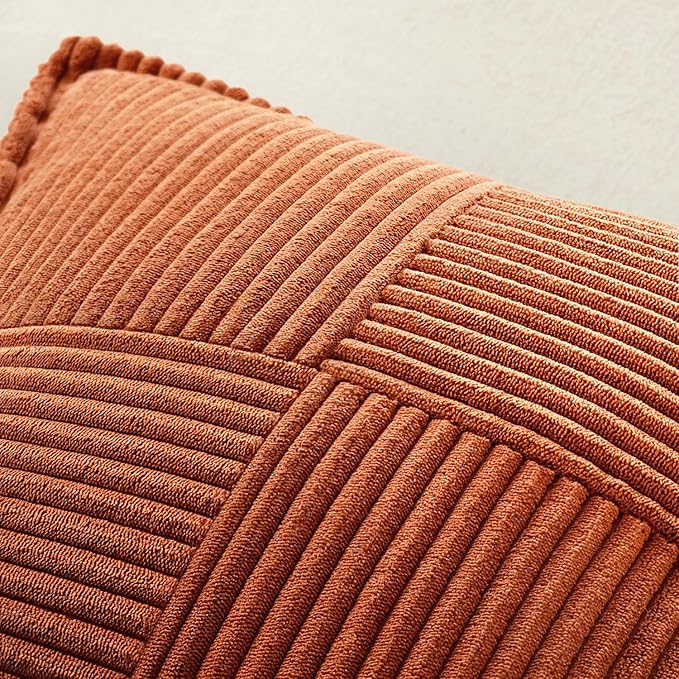 MIULEE Dark Rust Decorative Throw Pillow Covers for Couch Bed Livingroom 20x20 Inch Set of 2 Boho Accent Throw Pllows Broadside Striped Patchwork Soft Corduroy Pillowcases