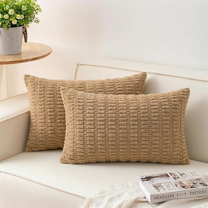 Pack of 2 Corduroy Decorative Throw Pillow Covers 12x24 Inch Soft Striped Pillow Covers Modern Farmhouse Home Decor for Sofa Living Room Couch Bed（Coffee）