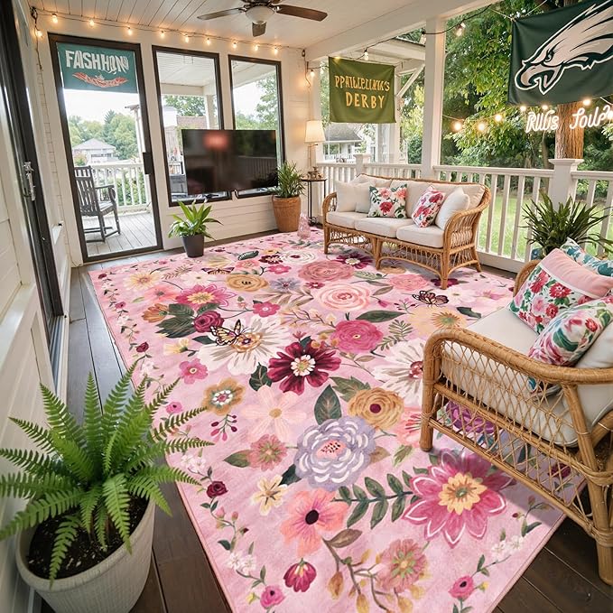 Pink Area Rugs 10x14 Living Room, Non Slip Machine Washable Floral Rugs, Low Pile Lightweight Large Rug for Bedroom, Dining Room, Home Office(10 x 14, Pink Garden)