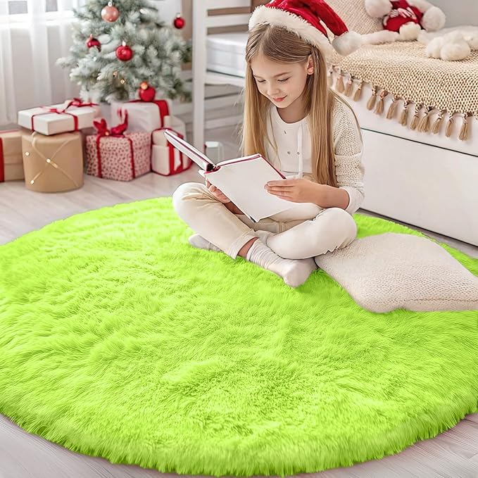 OLANLY Lime Green Round Rugs for Bedroom - Machine Washable, 4 ft Circle Area Rugs for Living Room, Soft and Fluffy Shaggy Carpet for Teen Girl and Boys, Nursery Rooms, Dorms, Home Decor Aesthetic