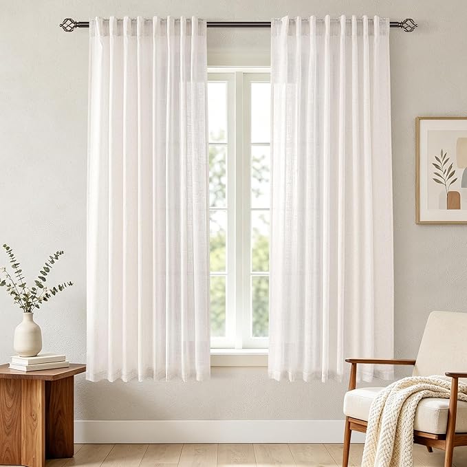 Cream Linen Curtains 63 inch Length 2 Panel Set for Living Room Back Tab Rod Pocket Semi Sheer Light Filtering Bedroom Window Curtain 63 inch Long Modern Farmhouse Neutral Ivory Linen Drapes 60x63