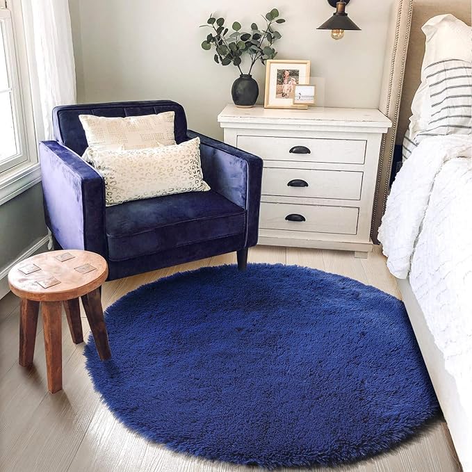 Amdrebio Navy Blue Small Round Rug 3Ft for Boys Room Bedroom, Circle Area Rugs for Kids Room, Living Room Decor Aesthetic, Fluffy Shag Fur Throw Royal Dark Blue Carpet for Dorm Playroom Baby Nursery