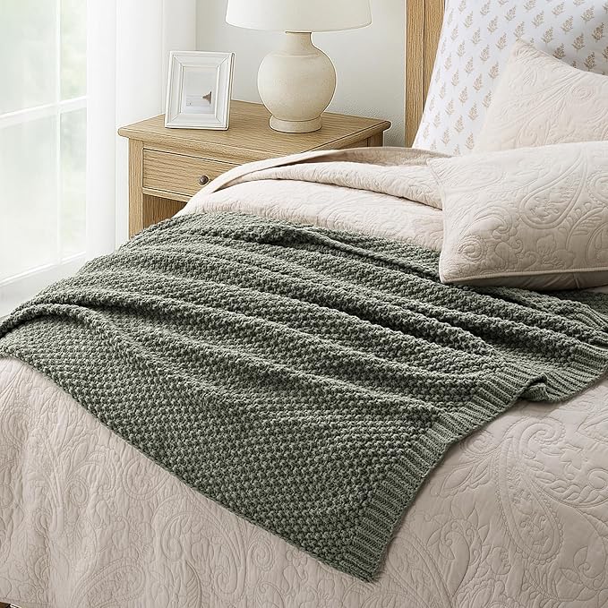 EVERGRACEHOME Chunky Chenille Knit Throw Blanket for Couch, Soft Luxurious Moss Stitch Blankets for Bed, Cozy Decorative Farmhouse Knitted Throws for Sofa, Dried Thyme Green, 60" x 80"