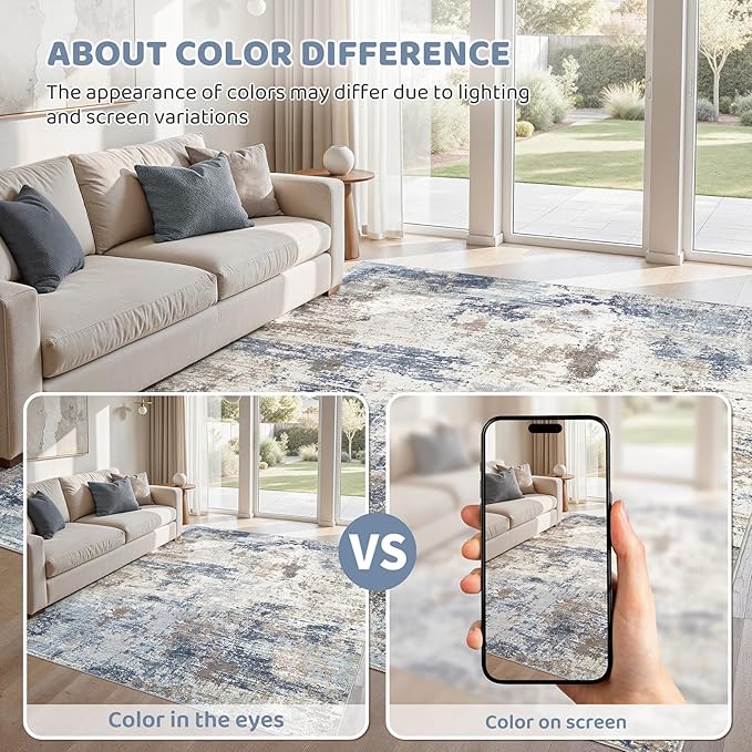 UERMEI 6x9 Area Rug Living Room Rugs Thickened - Washable Neutral Modern Abstract Soft Rug Indoor Floor No Slip Rug Carpet for Bedroom Under Dining Table Home Office Decor - Denim Blue