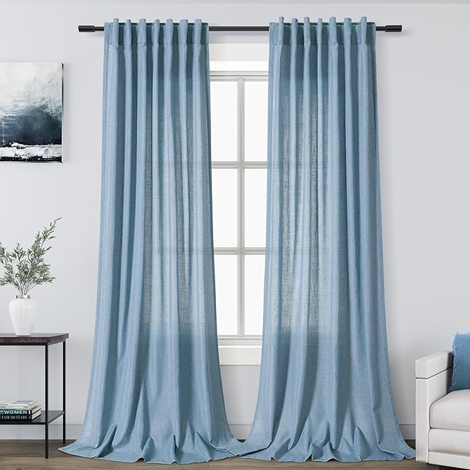 Blue Linen Textured 96 Inch Curtains 2 Panel Set Back Tab Rod Pocket Sheer Pleated Boho Room Decor Aesthetic Curtains Dusty Blue Burlap Look Curtain Drapes for Living Room Bedroom 8Ft 40x96 Inch