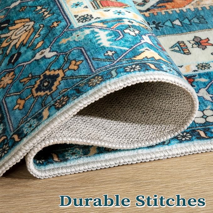 SERISSA Boho Area Rug 5x7 Blue, Washable Rugs for Living Room, Ultra Soft Non-Slip Bedroom Rug Print Distressed Vintage Tribal Farmhouse Carpet Rug for Dining Room Dorm Office Home Decor