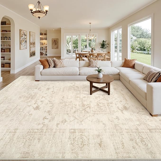 8x10 Area Rugs for Living Room: Vintage Boho Neutral Washable Rug Indoor Soft Large Area Rug Carpet for Bedroom Nursery Farmhouse Dining Room Office Floor Non-Slip Low Pile Under Table Rug Beige/Brown