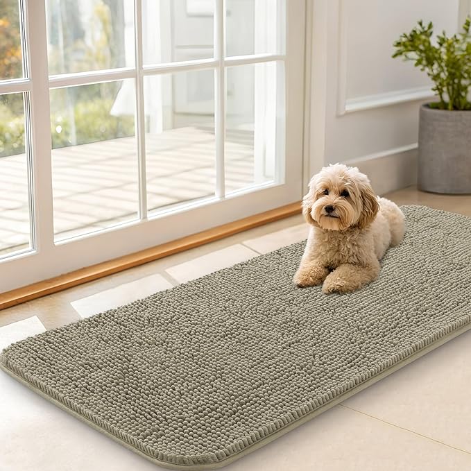 OLANLY Dog Door Mat for Muddy Paws 47x20, Absorbs Moisture and Dirt, Absorbent Non-Slip Washable Doormat, Quick Dry Chenille Mud Mat, Entry Indoor Entryway Carpet for Inside Floor, Warm Taupe