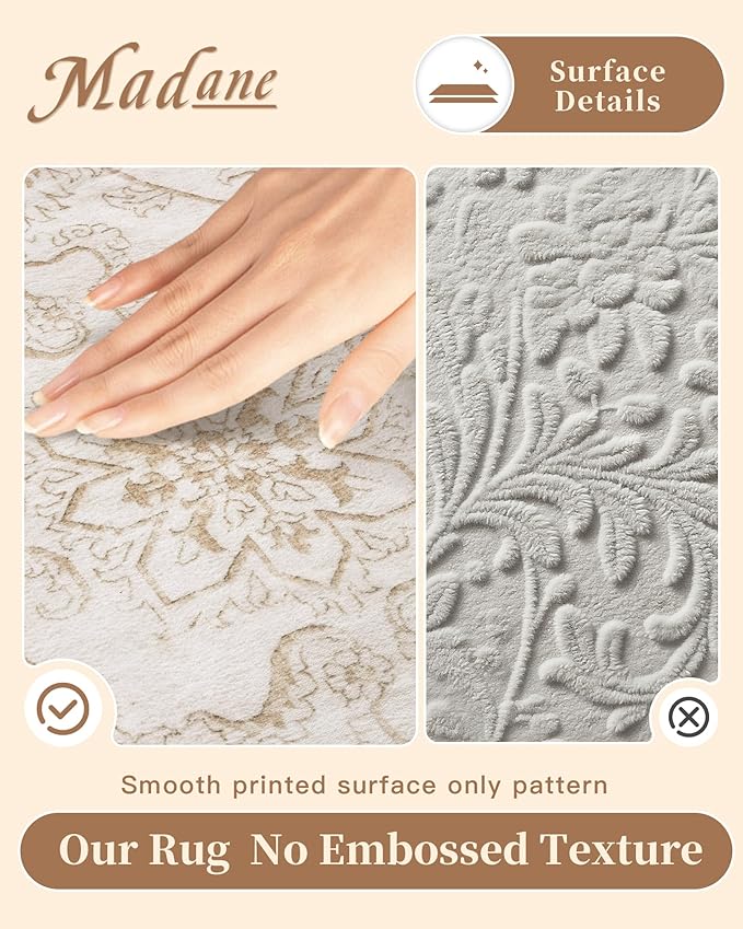 Madane 8x10 Area Rugs for Living Room, Machine Washable Vintage Rug with Non-Slip Backing, Soft Floral Print Large Throw Rugs, Thin Carpet for Bedroom Dining Room Farmhouse (8 x 10, Wood/Ivory)