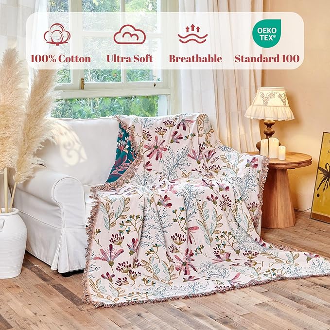 MSGKV Boho Throw Blanket for Couch 50"x60" Floral 100% Cotton Blanket Spring Breathable Lightweight Farmhouse Flower Blankets for Sofa Home Decor Muslin All Seasons