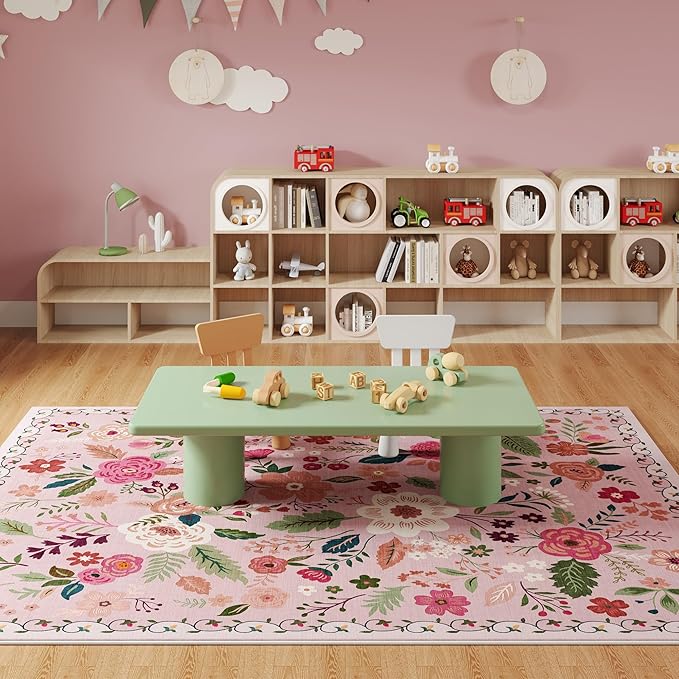 Rugcomf Living Room Rug 5x7 Rug Machine Washable Boho Area Rug Non Slip Floral Vintage Low Pile Large Rugs for Living Room, Bedroom, Farmhouse, Dining Room, Kids Playroom(Pink)