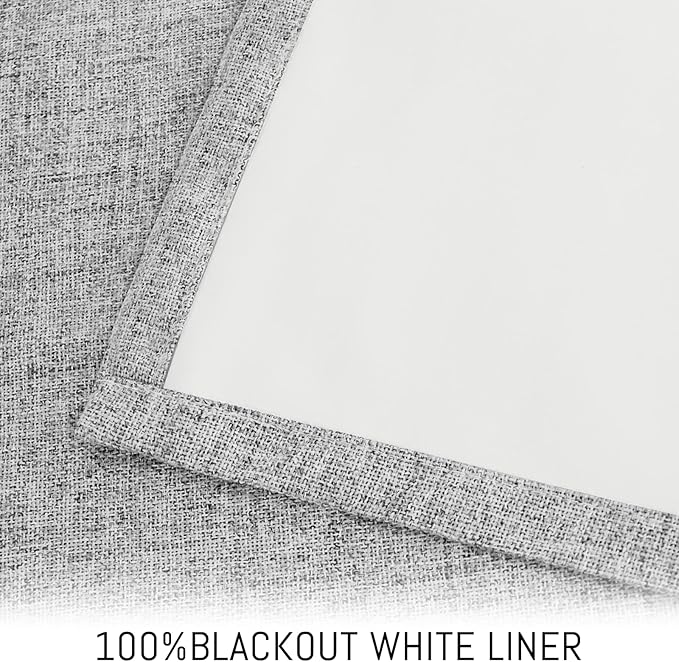 Yakamok Dove Grey Linen Curtains 100% Blackout 90 Inches Long,Room Darkening Textured Curtains for Living Room Thermal Grommet Bedroom Curtain 2 Panels with Greyish White Liner
