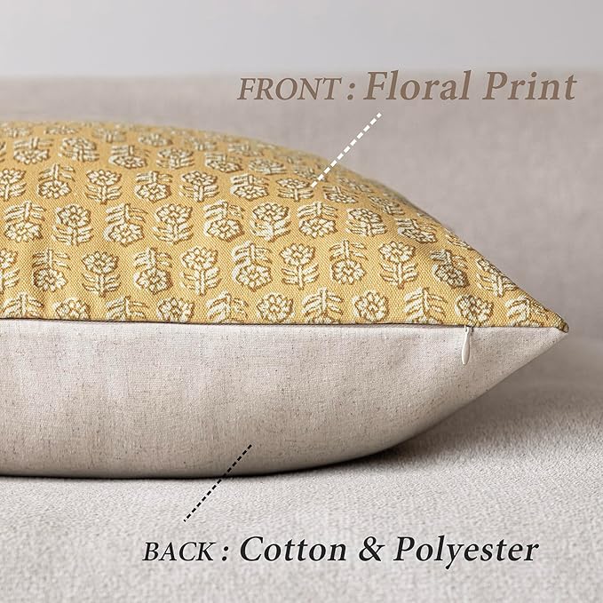 Foindtower Set of 2 Decorative Vintage Floral Print Throw Pillow Covers Neutral Modern Farmhouse Cushion Covers Boho Home Decor For Sofa Couch Chair Bedroom Living Room Outdoor,22×22 Inch,Light Yellow