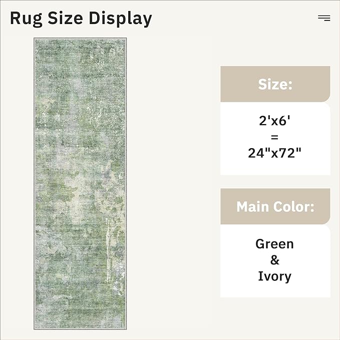 Runner Rug 2x6 Washable Non-Slip Kitchen Runner Rugs for Bathroom Laundry Room Green/Ivory Vintage Floor Carpet Runners for Hallway Entryway